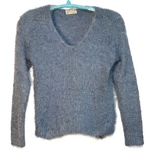 Poof Apparel Fuzzy Knit Sweater‎ Long Sleeve V Neck Blue Top Soft Warm JR L